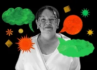 Black and white portrait of the author, a woman who is serious and gentle