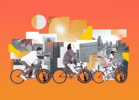 Illustration of three people riding an electric bike