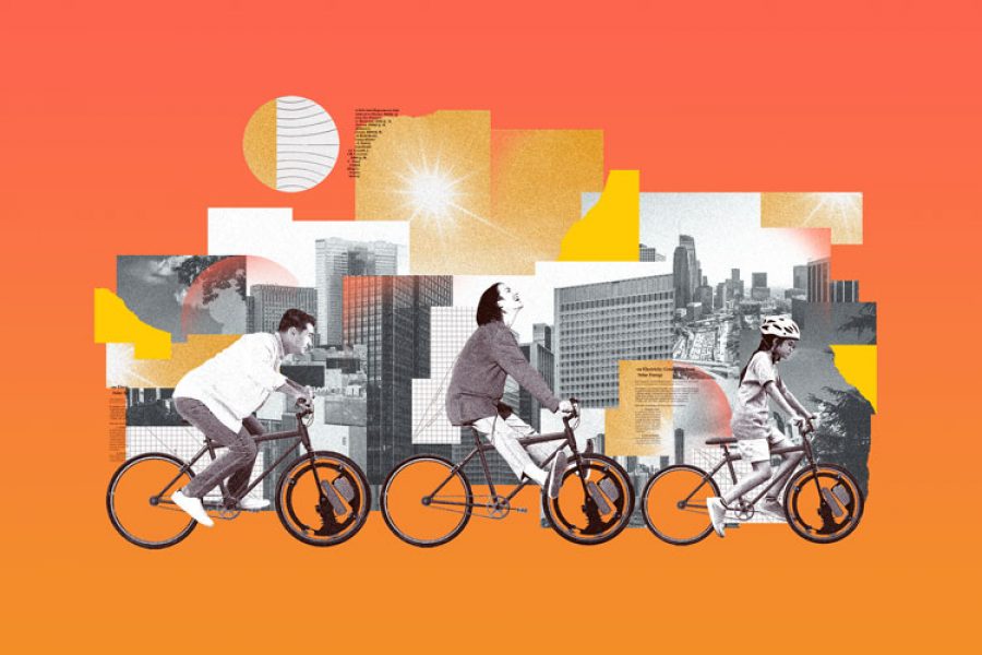 Illustration of three people riding an electric bike