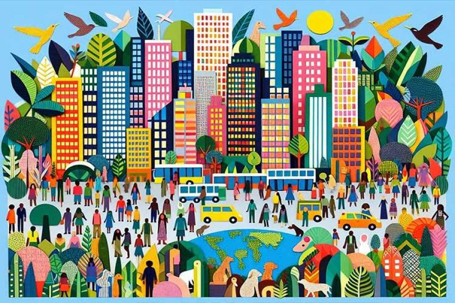 Illustration of a city with many animals and people living together