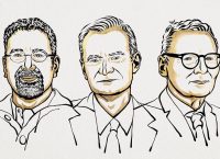 Nobel Laureates in Economics 2024 in simple drawing illustration, Daron Acemoglu, Simon Johnson and James Robinson.