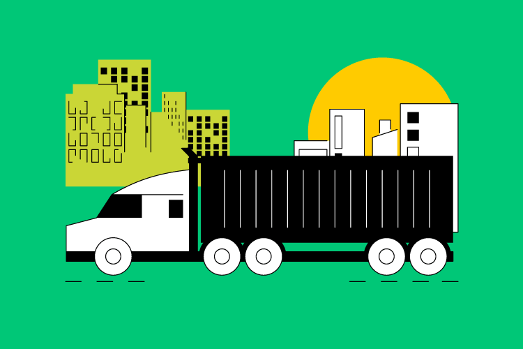 Illustration of a black and white truck with a trailer attached driving through the streets of a city.