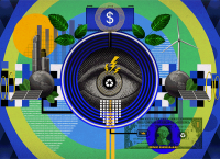 Illustration of an eye surrounded by iconic advertising elements such as a dollar and the money symbol