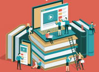 Illustration of miniature students climbing on a ladder of books to watch a screen