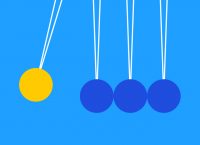 Set of three blue pendulums next to a yellow pendulum
