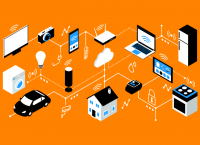Illustration of virtual connections from a television to a camera to a cell phone to a computer to a light bulb to a washing machine to a house to a car to a refrigerator and to a stove