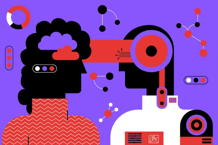 The image shows a robot and a person working together on a task. The robot is standing on the left of the image and the person is standing on the right. The robot is using a mechanical arm to hold a tool, while the person is using their hands to hold another tool. They are both facing the same direction, indicating that they are focused on the task at hand.