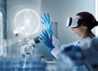 a person in a lab manipulating a virtual genoma