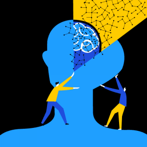 Conceptual illustration of a human brain spilt open to extract the neural networks