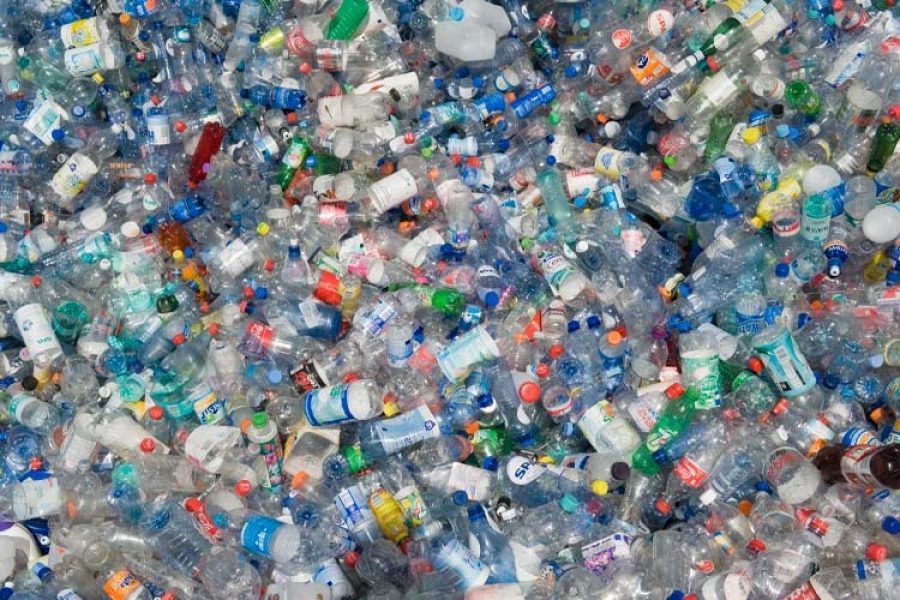 Hundreds of PET bottles in the process of being recycled or reused