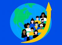Illustration with planet Earth in the background and people on an upward arrow illustrates the concept of population growth.