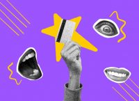 Illustration of a hand holding a credit card surrounded by two mouths and an eye