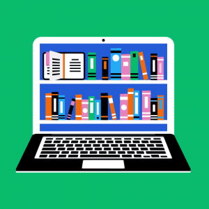 illustration of a computer with a bookshelf