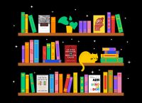 shelves of books in bright colors, dark background and a yellow cat