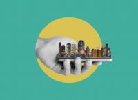 Illustration made out of picture of a hand holding a city model in representation of smart cities