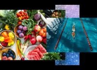 A collage featuring foods like fruits and vegetables alongside a swimmer during a competition.