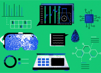 Representation of technology transfer with icons of biotechnology, physics, and informatics
