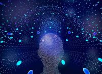 Image of a person's head made up of dots surrounded by blue dots on a blue background. The image is a digital illustration of a person's head. The head is made up of many small dots, which are arranged in a way that suggests the shape of a human head. The head is surrounded by a field of blue dots, which are also arranged in a circular pattern. The background of the image is a solid blue color.