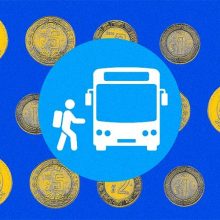 Illustration of a public transportation icon surrounded by coins.
