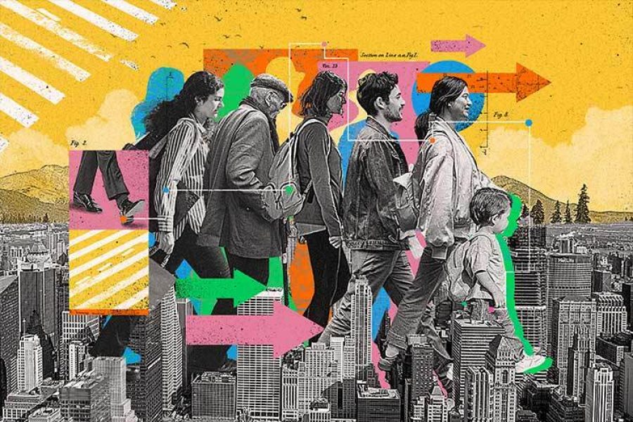 A collage showing people representing different social groups walking through a city.