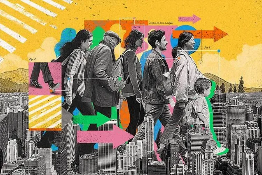 A collage showing people representing different social groups walking through a city.