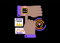 Illustration showing a smartwatch and graphs of statistics and data analysis.