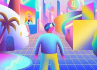 illustration of young man in the middle of an imaginary reality street with buildings and a palm tree