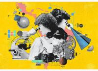 Illustration of female scientists and microscopes