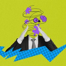 Illustration of a person in a suit and tie with their head out of frame, symbolizing workplace stress.