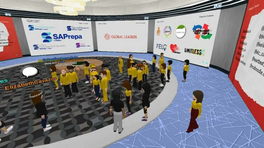 ilustración de imagen en tercera dimensión de una sala de clases con varias personas caminando