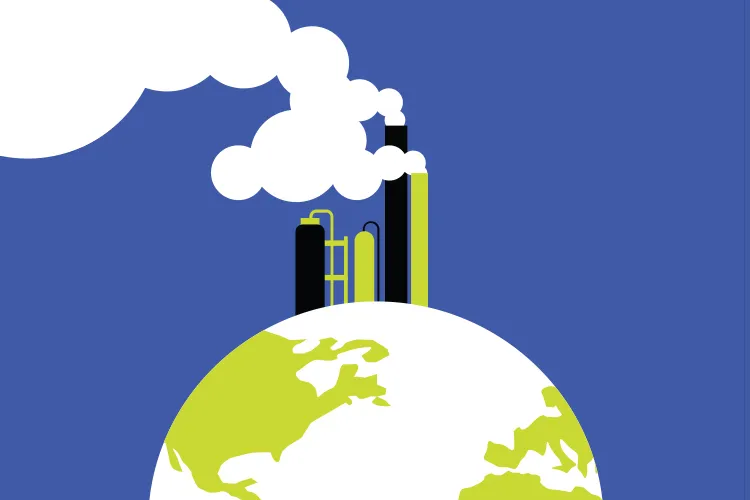 ilustración de un mundo con fábricas emitiendo gases contaminantes
