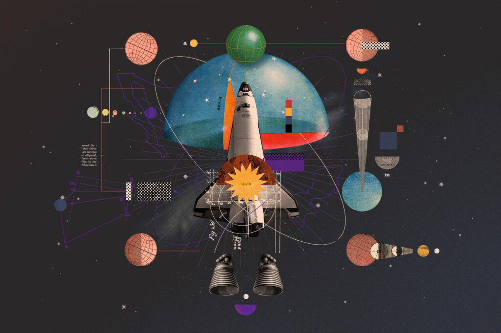 fotografia de un cohete lanzado con planetas