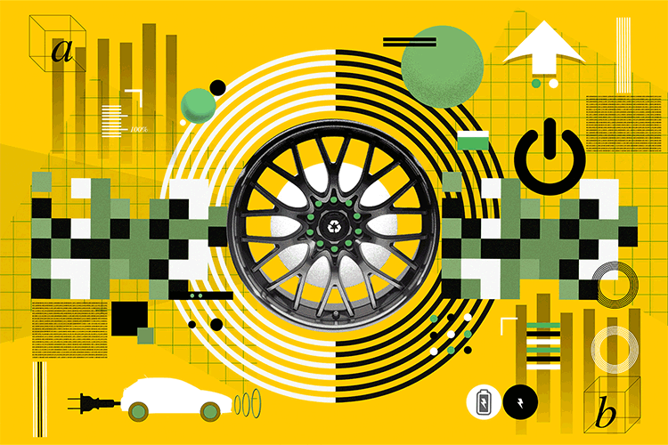Ilustración de rueda de automovil con elementos de electromovilidad