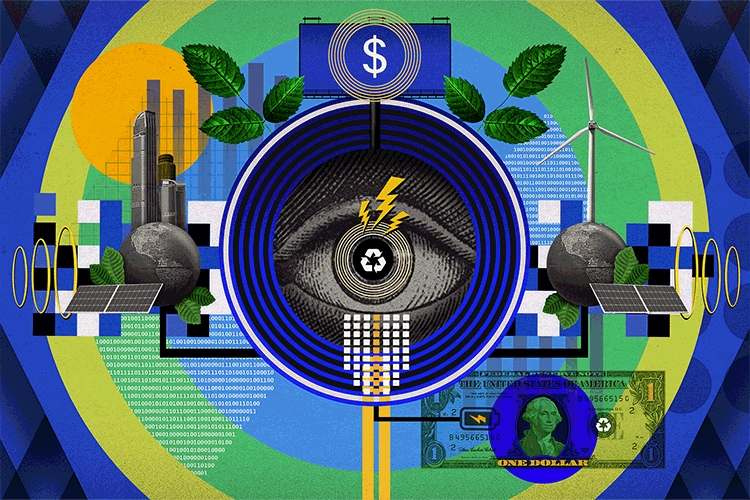 Ilustración de un ojo rodeado por elementos icónicos de la publicidad como un dólar y el símbolo de dinero