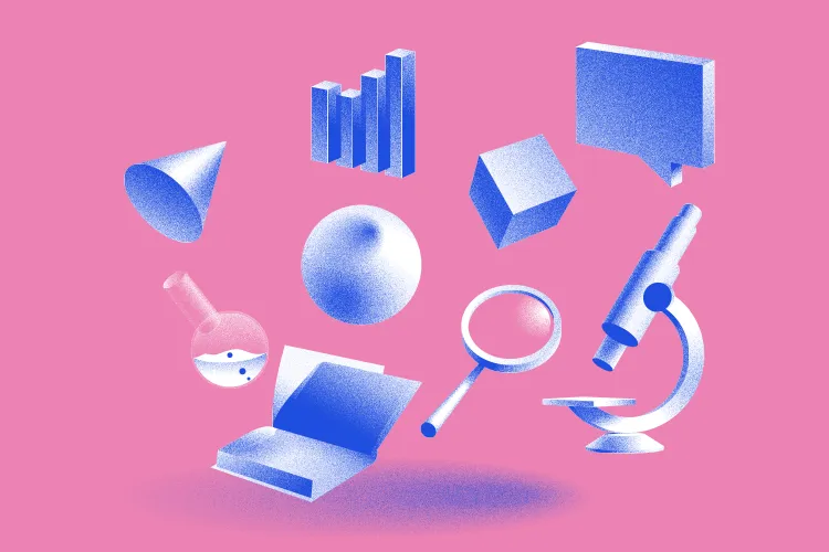 Ilustración con dispositivos científico como un microscopio, una lupa, una computadora y un cubo