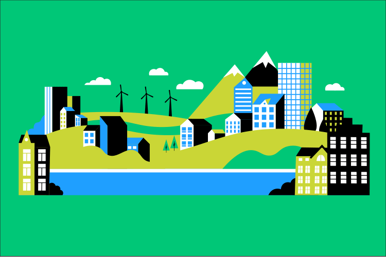 Ilustración de ciudades planificadas con suministro de electricidad utilizando producción eólica