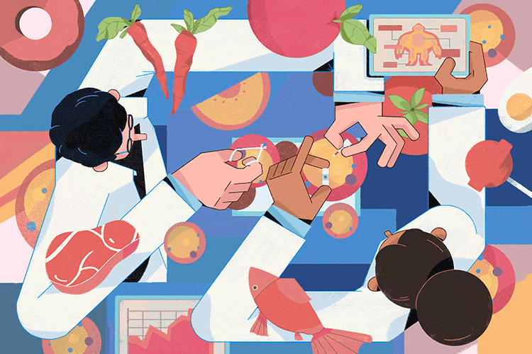 ilustración de científicos revisando comida