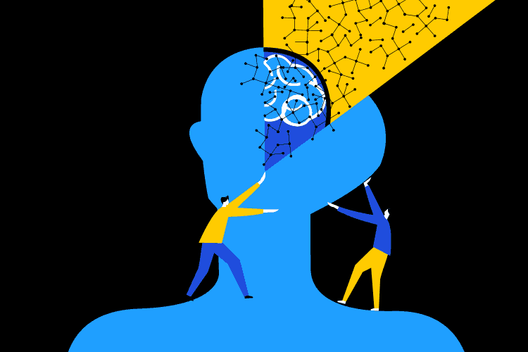 Ilustración conceptual de un cerebro humano abierto para extraer las redes neuronales
