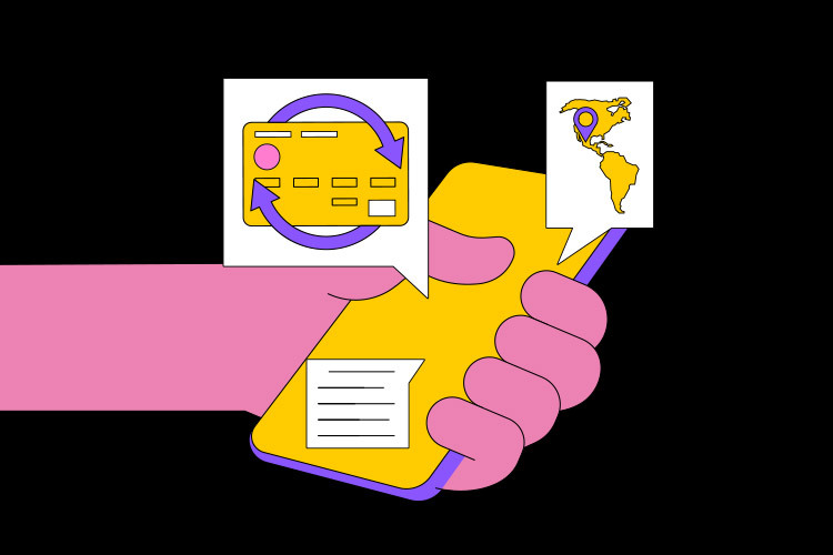 ilustración de una mano recibiendo dinero electronico en el celular