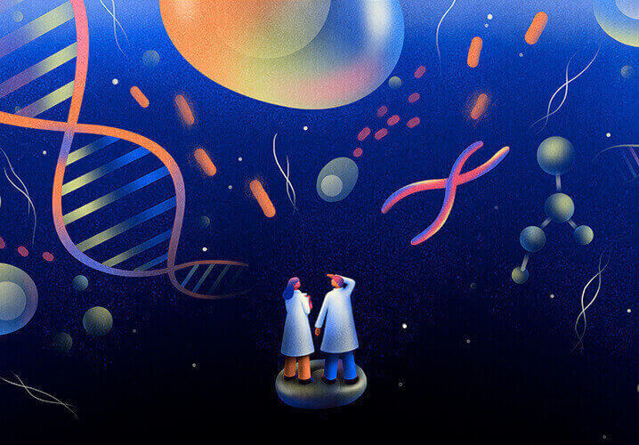 ilustración de dos muñecos viendo el genoma