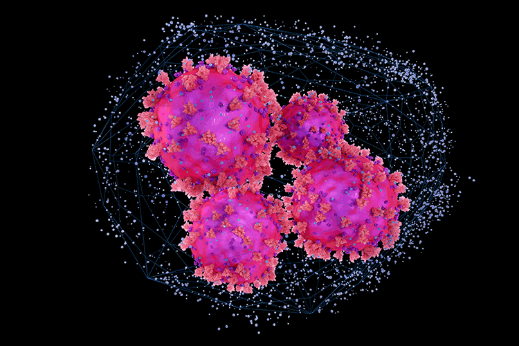 Ilustración con fondo negro de las partículas del virus Sars-Cov-2