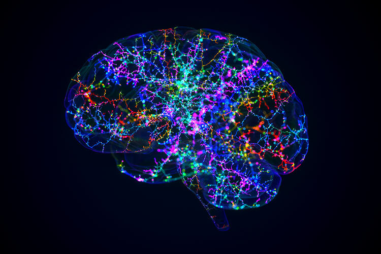 Ilustración de las conexiones neuronales de un celebro en distintos colores con fondo negro