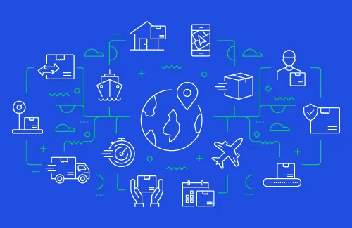 ilustración del mundo rodeado de elementos como casa, avión, oficina