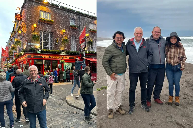 Fotos personales de Jurgen frente a un pub en Irlanda y frente a una playa con otros dos compañeros