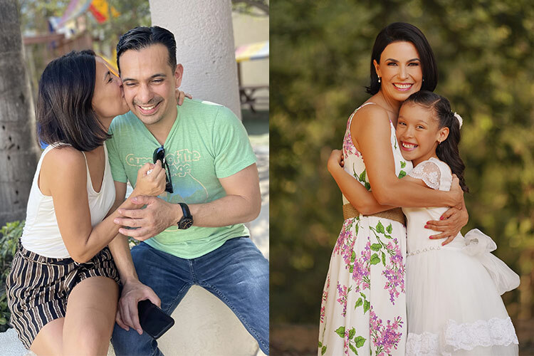 Dos fotos, en una la doctora con su novio y en la otra abrazando a su hija en su primera comunion,