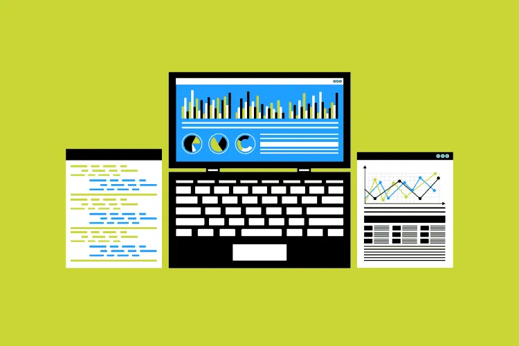 Ilustracion de computadora con datos y graficas