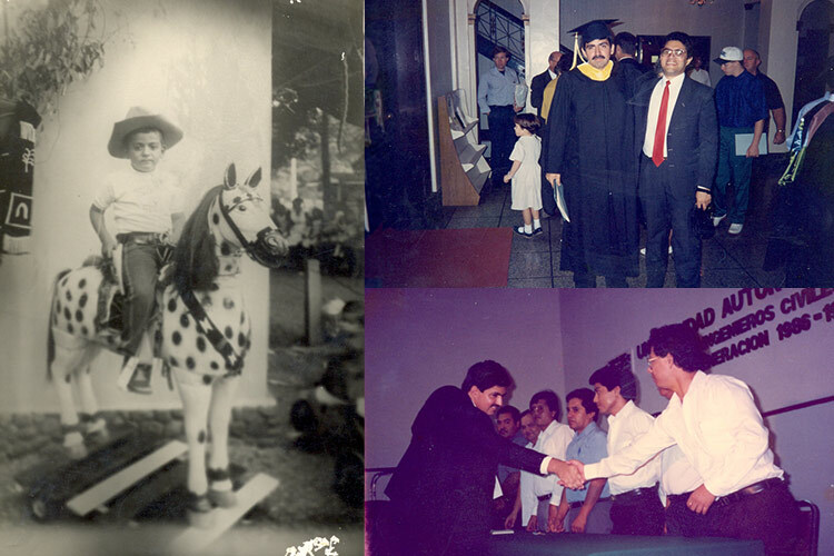 Varias fotos del album familiar de Coello, de niño, sobre un caballito y en su examen profesional.