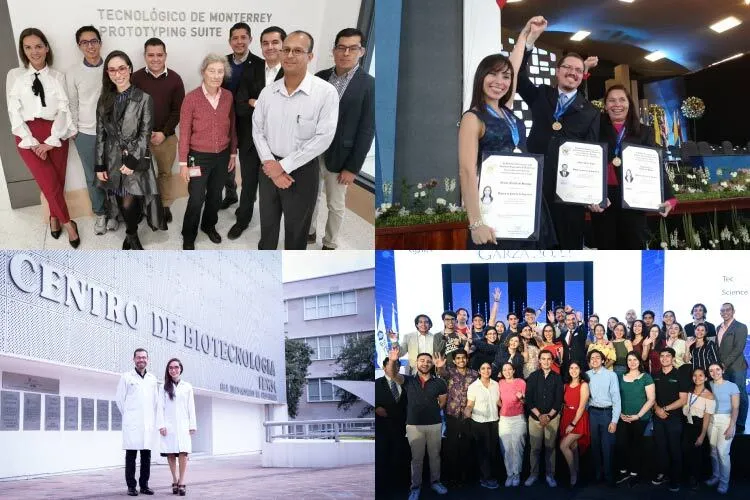 Imágenes que retratan su trayectoria en el Tec: (siguiendo a las manecillas del reloj): Con algunos colegas profesores. En su graduación del doctorado en Ciencias. Con el equipo del laboratorio Alvarez-Trujillo al recibir el premio Rómulo Garza en la categoría Emprendimiento en 2023. Frente al Centro de Biotecnología con Mario Álvarez, su esposo, con quien dirige el Laboratorio Álvarez-Trujillo. (Fotos: cortesía)