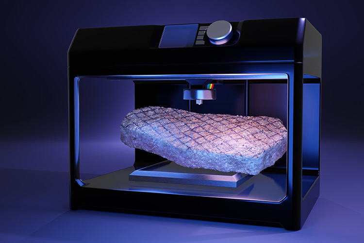 imagen de una impresora 3D con un filete de carne