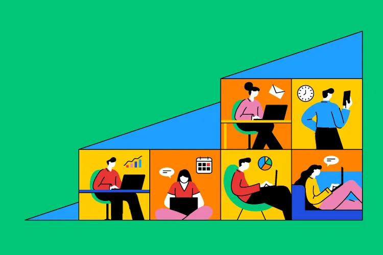 ilustración de cuatro personas haciendo trabajo híbrido